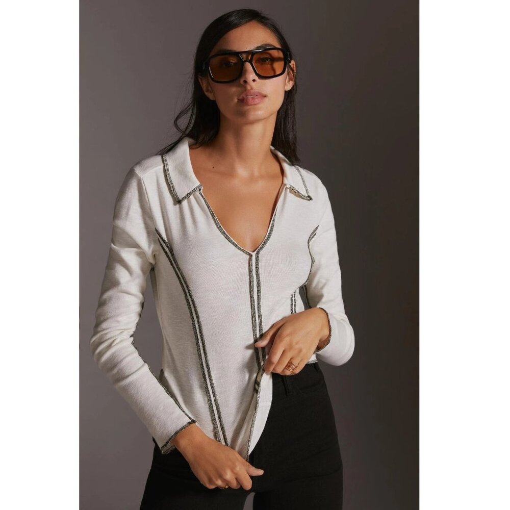 Pilcro Anthropologie Stitched Long-Sleeve Top White Collared Solid XXS 260922